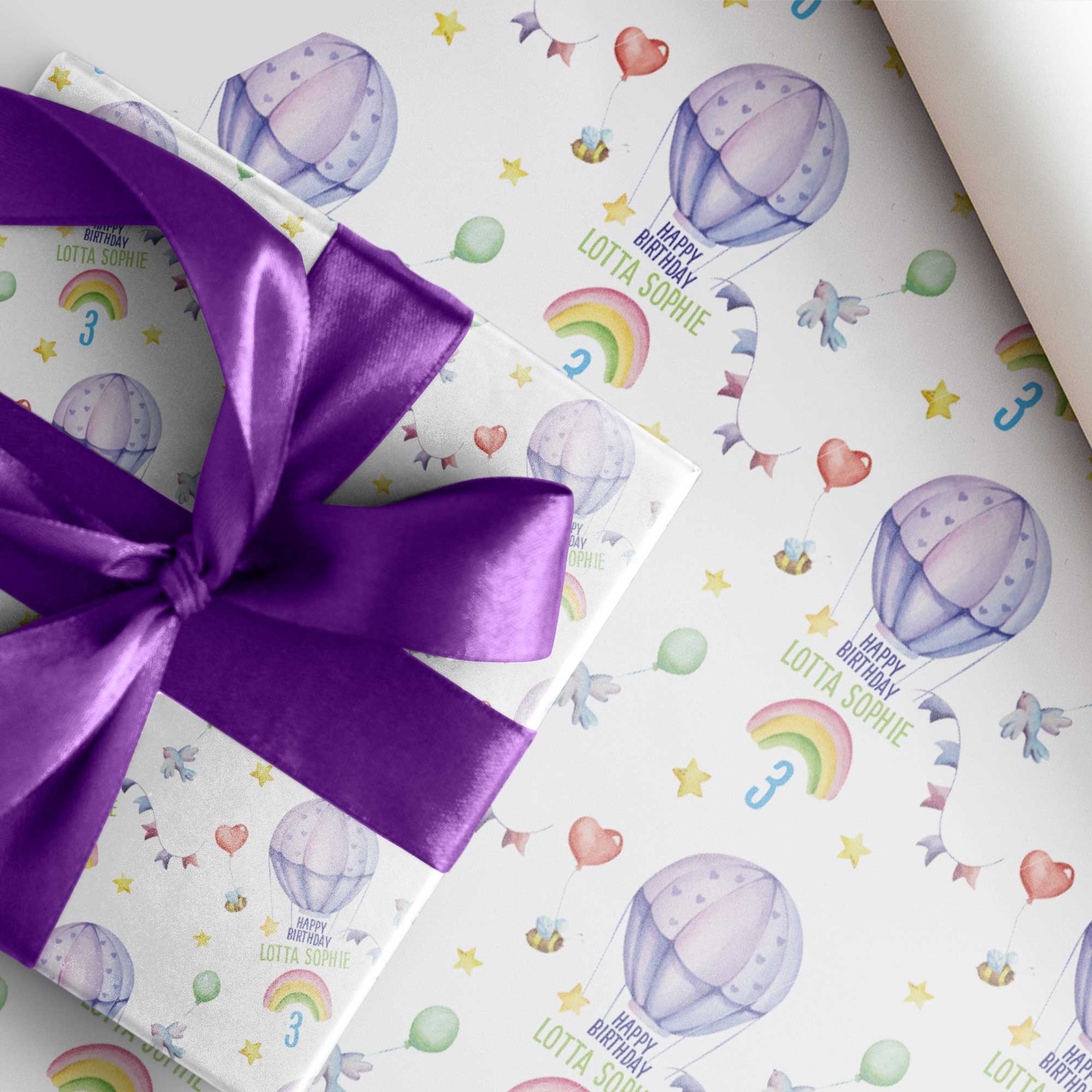 Personalisierbares Geschenkpapier für Kindergeburtstag *Regenbogen *Ballonfahrt *Name + Alter